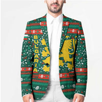 Bulgaria Christmas Blazer with Green-Red Theme, Golden Lion, and Santa Sleigh Motif - Wonder Print Shop