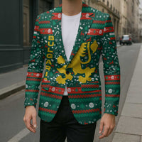 Bulgaria Christmas Blazer with Green-Red Theme, Golden Lion, and Santa Sleigh Motif - Wonder Print Shop