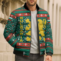 Bulgaria Christmas Bomber Puffer Jacket with Green-Red Theme, Golden Lion, and Santa Sleigh Motif - Wonder Print Shop