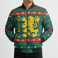 Bulgaria Christmas Bomber Puffer Jacket with Green-Red Theme, Golden Lion, and Santa Sleigh Motif - Wonder Print Shop
