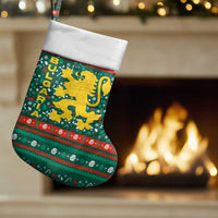 Bulgaria Christmas Stocking with Green-Red Theme, Golden Lion, and Santa Sleigh Motif - Wonder Print Shop