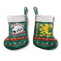 Bulgaria Christmas Stocking with Green-Red Theme, Golden Lion, and Santa Sleigh Motif - Wonder Print Shop