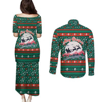 Bulgaria Christmas Couples Matching Puletasi and Long Sleeve Button Shirt with Green-Red Theme, Golden Lion, and Santa Sleigh Motif - Wonder Print Shop