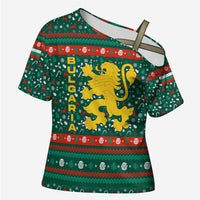 Bulgaria Christmas Cross Shoulder Shirt with Green-Red Theme, Golden Lion, and Santa Sleigh Motif - Wonder Print Shop