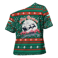 Bulgaria Christmas Cross Shoulder Shirt with Green-Red Theme, Golden Lion, and Santa Sleigh Motif - Wonder Print Shop
