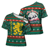 Bulgaria Christmas Cross Shoulder Shirt with Green-Red Theme, Golden Lion, and Santa Sleigh Motif - Wonder Print Shop