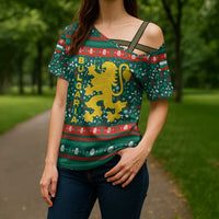 Bulgaria Christmas Cross Shoulder Shirt with Green-Red Theme, Golden Lion, and Santa Sleigh Motif - Wonder Print Shop