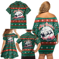 Bulgaria Christmas Family Matching Off Shoulder Short Dress and Hawaiian Shirt with Green-Red Theme, Golden Lion, and Santa Sleigh Motif - Wonder Print Shop