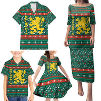 Bulgaria Christmas Family Matching Puletasi and Hawaiian Shirt with Green-Red Theme, Golden Lion, and Santa Sleigh Motif - Wonder Print Shop