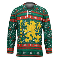 Bulgaria Christmas Hockey Jersey with Green-Red Theme, Golden Lion, and Santa Sleigh Motif - Wonder Print Shop