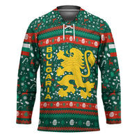Bulgaria Christmas Hockey Jersey with Green-Red Theme, Golden Lion, and Santa Sleigh Motif - Wonder Print Shop