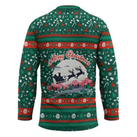 Bulgaria Christmas Hockey Jersey with Green-Red Theme, Golden Lion, and Santa Sleigh Motif - Wonder Print Shop