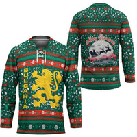 Bulgaria Christmas Hockey Jersey with Green-Red Theme, Golden Lion, and Santa Sleigh Motif - Wonder Print Shop