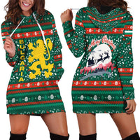 Bulgaria Christmas Hoodie Dress with Green-Red Theme, Golden Lion, and Santa Sleigh Motif - Wonder Print Shop