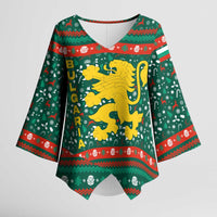 Bulgaria Christmas Kimono Sleeve Blouse with Green-Red Theme, Golden Lion, and Santa Sleigh Motif - Wonder Print Shop