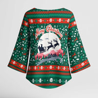 Bulgaria Christmas Kimono Sleeve Blouse with Green-Red Theme, Golden Lion, and Santa Sleigh Motif - Wonder Print Shop