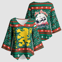 Bulgaria Christmas Kimono Sleeve Blouse with Green-Red Theme, Golden Lion, and Santa Sleigh Motif - Wonder Print Shop