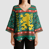 Bulgaria Christmas Kimono Sleeve Blouse with Green-Red Theme, Golden Lion, and Santa Sleigh Motif - Wonder Print Shop