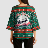 Bulgaria Christmas Kimono Sleeve Blouse with Green-Red Theme, Golden Lion, and Santa Sleigh Motif - Wonder Print Shop