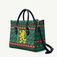 Bulgaria Christmas Leather Bag with Green-Red Theme, Golden Lion, and Santa Sleigh Motif - Wonder Print Shop