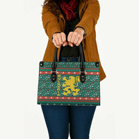 Bulgaria Christmas Leather Bag with Green-Red Theme, Golden Lion, and Santa Sleigh Motif - Wonder Print Shop