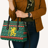 Bulgaria Christmas Leather Bag with Green-Red Theme, Golden Lion, and Santa Sleigh Motif - Wonder Print Shop