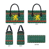 Bulgaria Christmas Leather Bag with Green-Red Theme, Golden Lion, and Santa Sleigh Motif - Wonder Print Shop