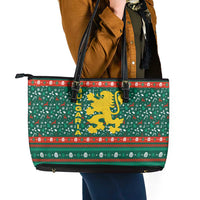 Bulgaria Christmas Leather Tote Bag with Green-Red Theme, Golden Lion, and Santa Sleigh Motif - Wonder Print Shop