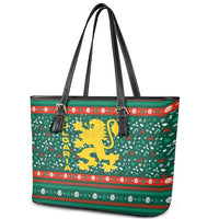 Bulgaria Christmas Leather Tote Bag with Green-Red Theme, Golden Lion, and Santa Sleigh Motif - Wonder Print Shop