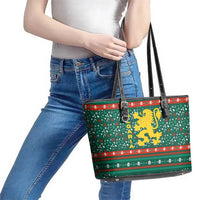 Bulgaria Christmas Leather Tote Bag with Green-Red Theme, Golden Lion, and Santa Sleigh Motif - Wonder Print Shop