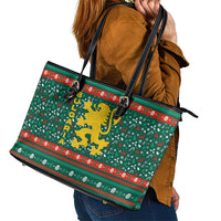 Bulgaria Christmas Leather Tote Bag with Green-Red Theme, Golden Lion, and Santa Sleigh Motif - Wonder Print Shop
