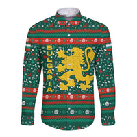 Bulgaria Christmas Long Sleeve Button Shirt with Green-Red Theme, Golden Lion, and Santa Sleigh Motif - Wonder Print Shop