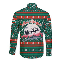 Bulgaria Christmas Long Sleeve Button Shirt with Green-Red Theme, Golden Lion, and Santa Sleigh Motif - Wonder Print Shop