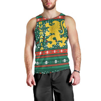 Bulgaria Christmas Men Tank Top with Green-Red Theme, Golden Lion, and Santa Sleigh Motif - Wonder Print Shop