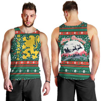 Bulgaria Christmas Men Tank Top with Green-Red Theme, Golden Lion, and Santa Sleigh Motif - Wonder Print Shop