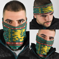 Bulgaria Christmas Neck Gaiter with Green-Red Theme, Golden Lion, and Santa Sleigh Motif - Wonder Print Shop