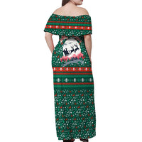 Bulgaria Christmas Off Shoulder Maxi Dress with Green-Red Theme, Golden Lion, and Santa Sleigh Motif - Wonder Print Shop