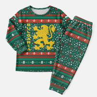 Bulgaria Christmas Pajama Set with Green-Red Theme, Golden Lion, and Santa Sleigh Motif - Wonder Print Shop