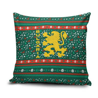 Bulgaria Christmas Pillow Cover with Green-Red Theme, Golden Lion, and Santa Sleigh Motif - Wonder Print Shop