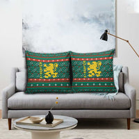 Bulgaria Christmas Pillow Cover with Green-Red Theme, Golden Lion, and Santa Sleigh Motif - Wonder Print Shop
