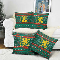 Bulgaria Christmas Pillow Cover with Green-Red Theme, Golden Lion, and Santa Sleigh Motif - Wonder Print Shop
