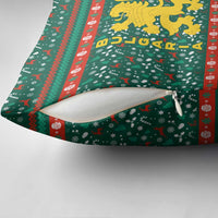 Bulgaria Christmas Pillow Cover with Green-Red Theme, Golden Lion, and Santa Sleigh Motif - Wonder Print Shop