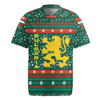 Bulgaria Christmas Rugby Jersey with Green-Red Theme, Golden Lion, and Santa Sleigh Motif - Wonder Print Shop