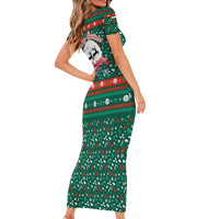 Bulgaria Christmas Short Sleeve Bodycon Dress with Green-Red Theme, Golden Lion, and Santa Sleigh Motif - Wonder Print Shop