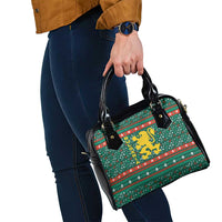 Bulgaria Christmas Shoulder Handbag with Green-Red Theme, Golden Lion, and Santa Sleigh Motif - Wonder Print Shop