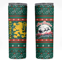 Bulgaria Christmas Skinny Tumbler with Green-Red Theme, Golden Lion, and Santa Sleigh Motif - Wonder Print Shop