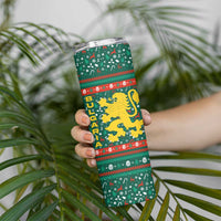 Bulgaria Christmas Skinny Tumbler with Green-Red Theme, Golden Lion, and Santa Sleigh Motif - Wonder Print Shop