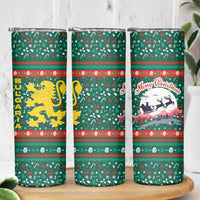 Bulgaria Christmas Skinny Tumbler with Green-Red Theme, Golden Lion, and Santa Sleigh Motif - Wonder Print Shop