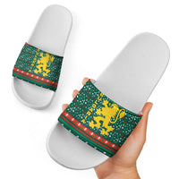 Bulgaria Christmas Slide Sandals with Green-Red Theme, Golden Lion, and Santa Sleigh Motif - Wonder Print Shop