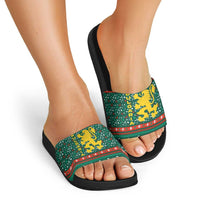 Bulgaria Christmas Slide Sandals with Green-Red Theme, Golden Lion, and Santa Sleigh Motif - Wonder Print Shop
